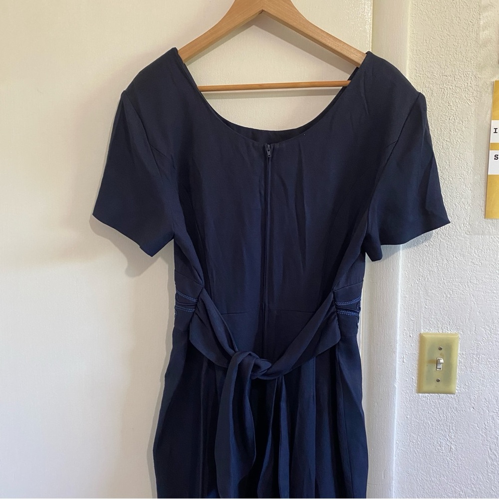John Roberts Women's Vintage Dress Size 14 Navy Blue Embroidered-detail Waist - Picture 5 of 9